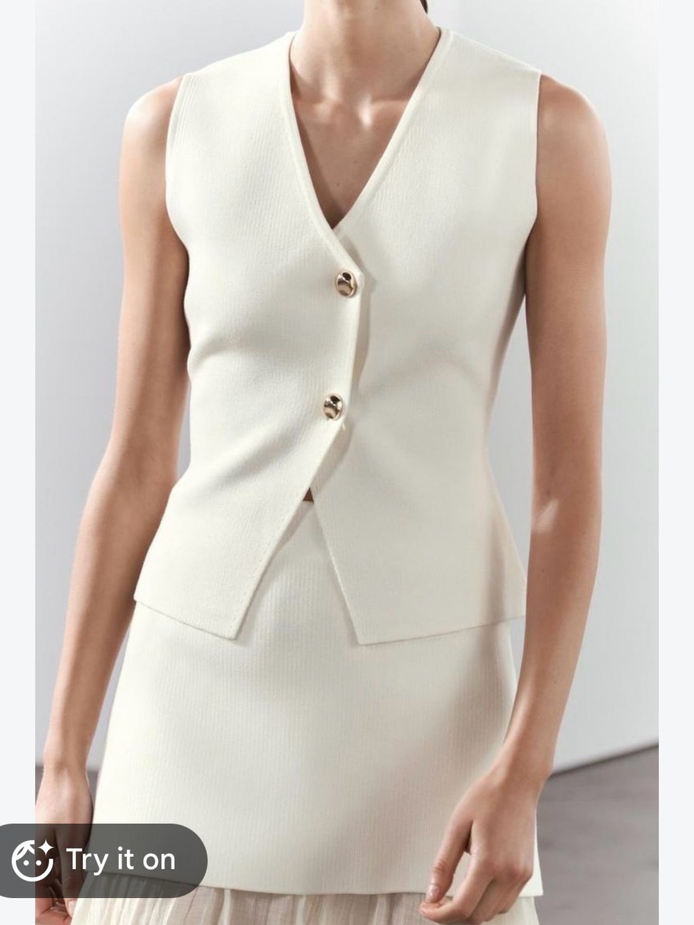 Zara Cream Two-Piece Textured Vest and Pleated Skirt Set